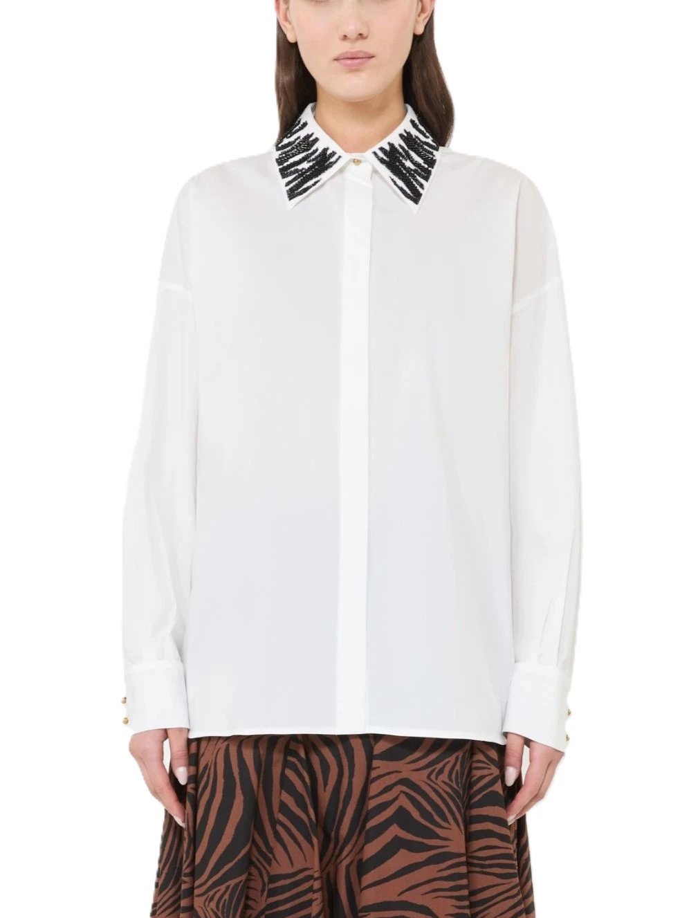 CAMICIA IN POPELINE DI MISTO COTONE CON DECORAZIONI SU COLLETTO E POLSINI DONNA BIANCO