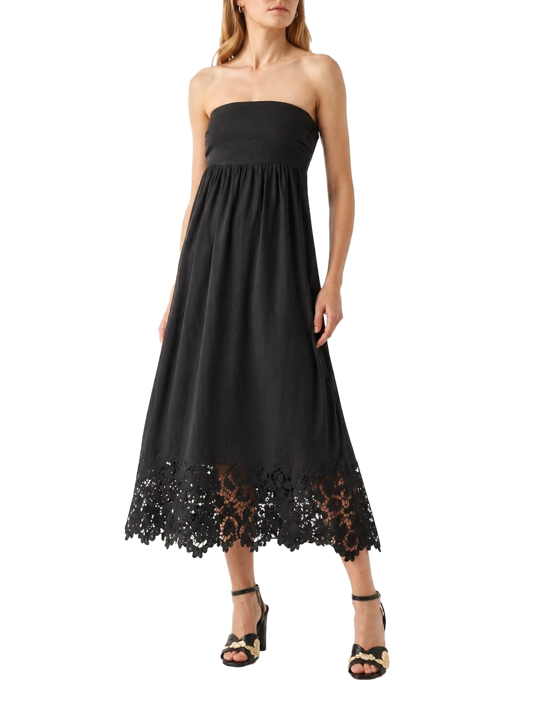 VESTITO LUNGO IN LINO CON RICAMO DONNA NERO