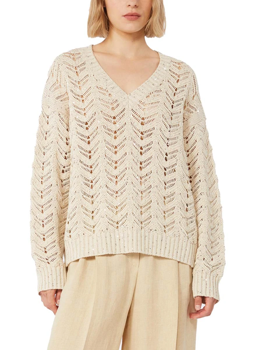 MAGLIA SCOLLO A V IN PURO COTONE CON PAILLETTE DONNA ECRU'