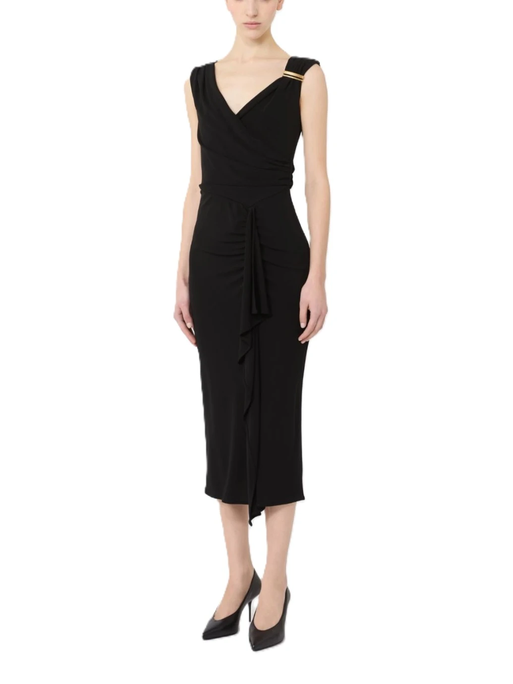 VESTITO LUNGO A TUBINO CON SCOLLO A V E DRAPPEGGIO  DONNA NERO