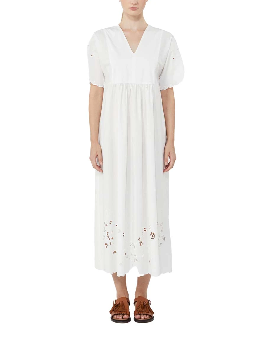 VESTITO LUNGO SCOLLO A V RICAMI DONNA BIANCO