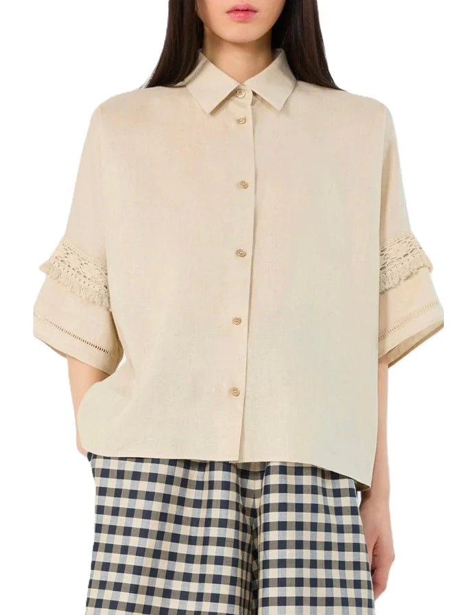 CAMICIA IN LINO CON MANICHE TRE QUARTI AMPIE E LAVORATE DONNA BEIGE