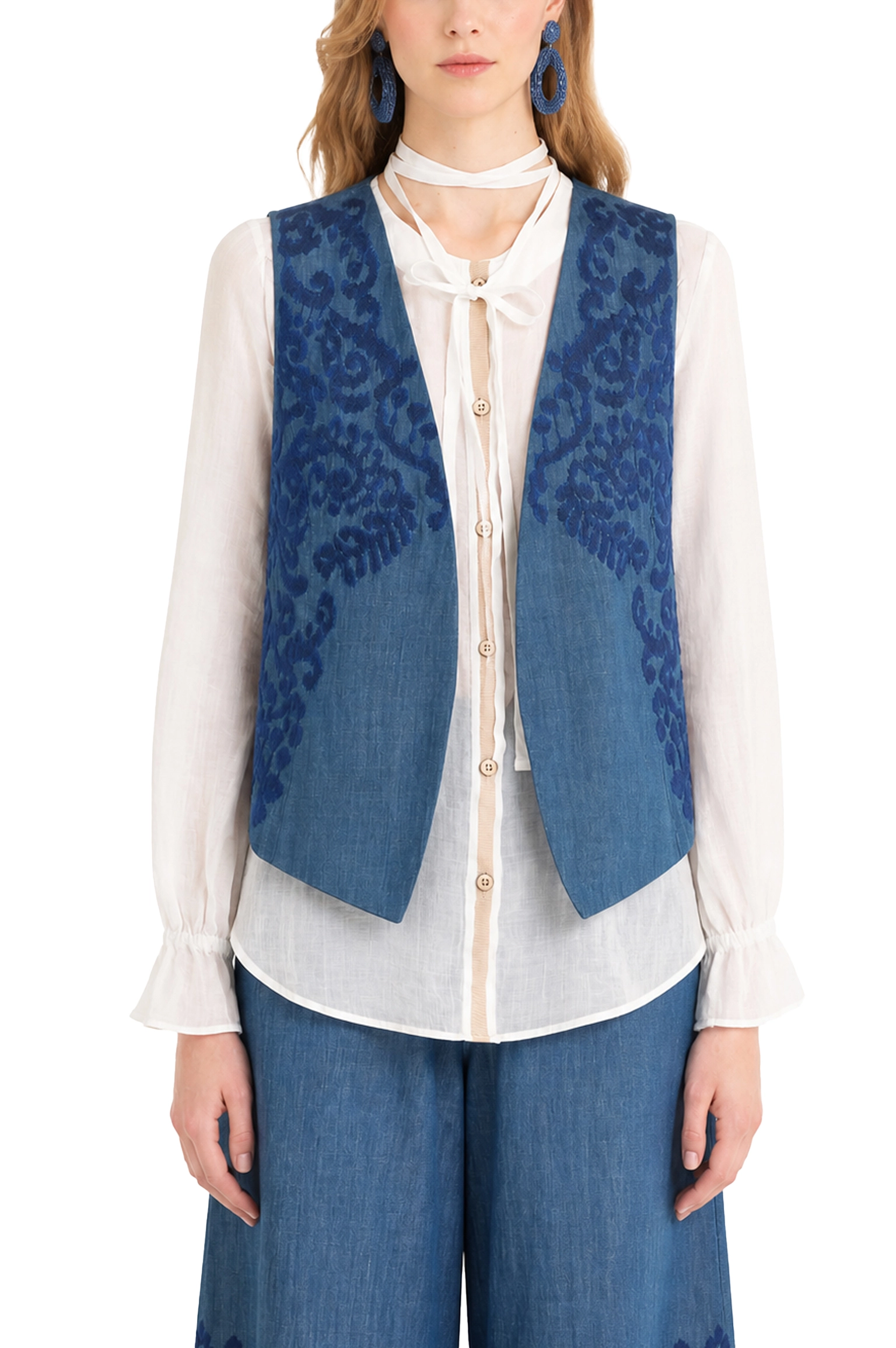 GILET IN COTONE SENZA BOTTIN CON RICAMO TONO SU TONO BLU