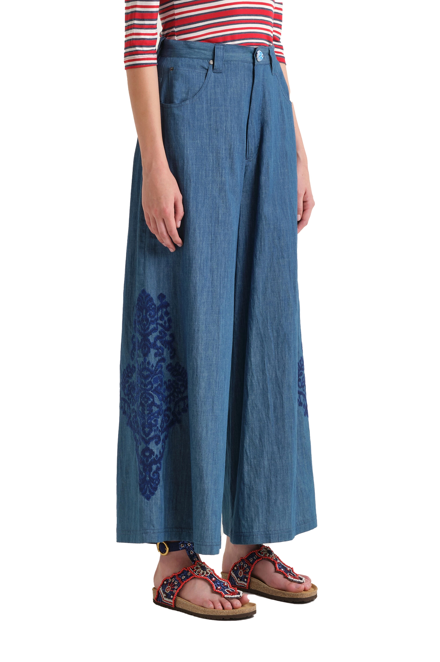 PANTALONE PALAZZO CON RICAMO TONO SU TONO DONNA BLU