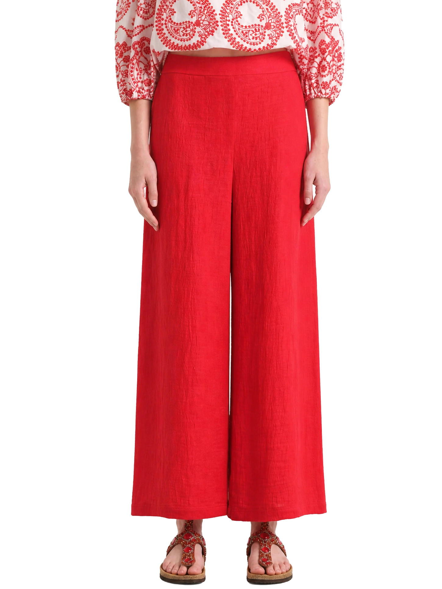 PANTALONI PALAZZO IN MISTO LINO CON ELASTICO POSTERIORE IN VITA DONNA ROSSO