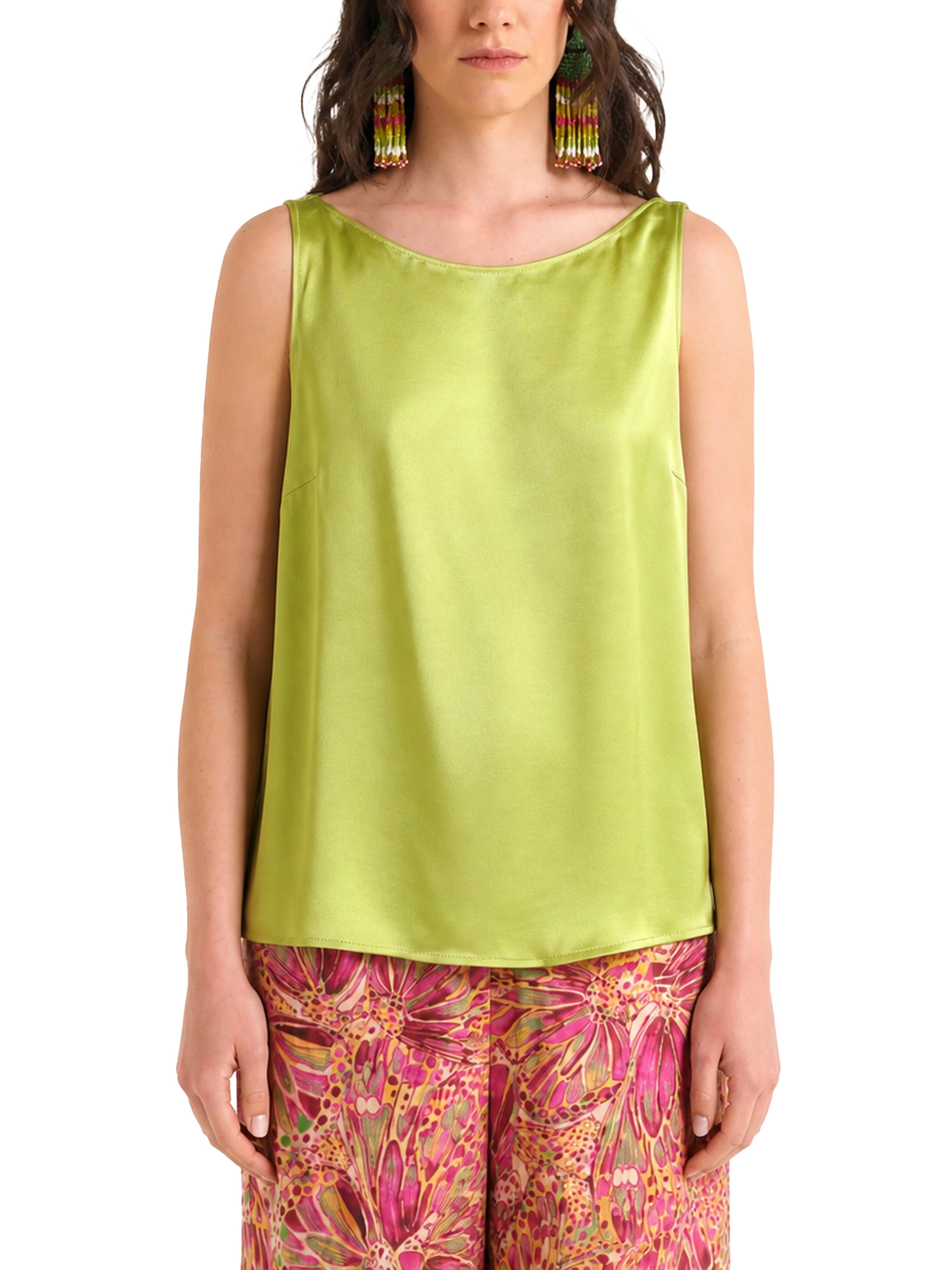 TOP SMANICATO IN TESSUTO FLUIDO  CON SCOLLO A V SULLA SCHIENA DONNA VERDE