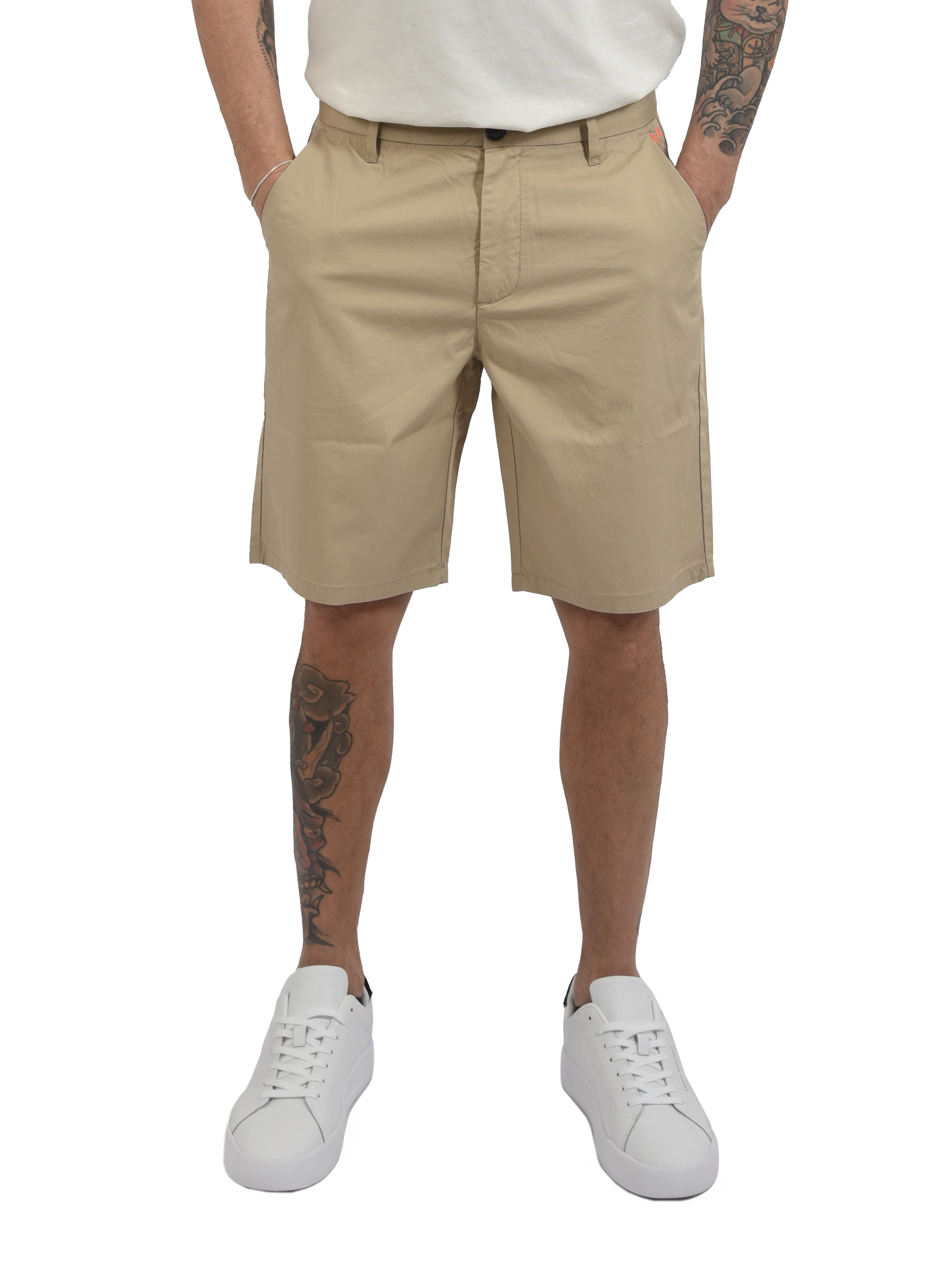 BERMUDA IN MISTO LYOCELL CON LOGO RICAMATO UOMO BEIGE