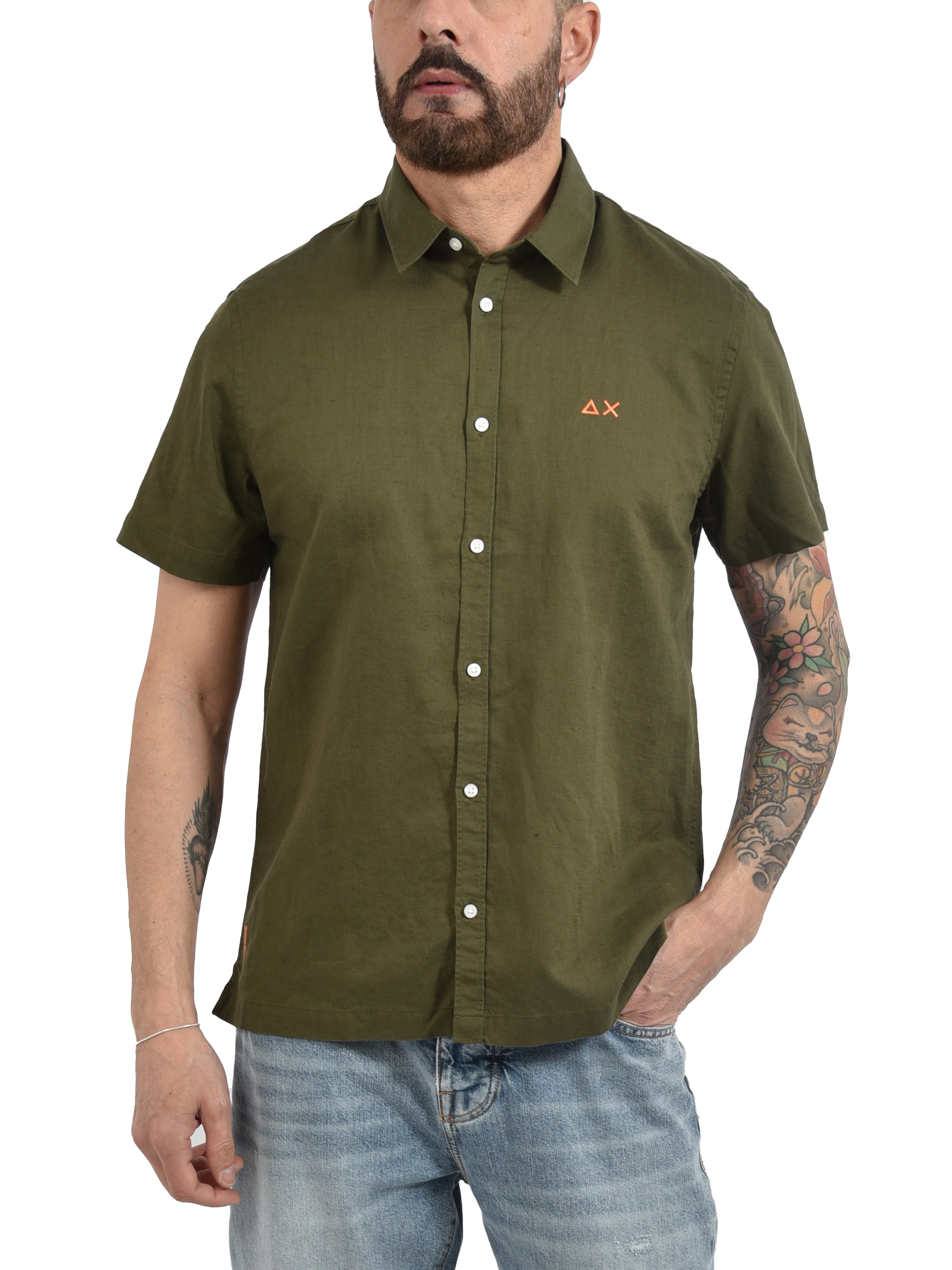 CAMICIA MANICA CORTA IN LINO E COTONE CON LOGO RICAMATO UOMO VERDE
