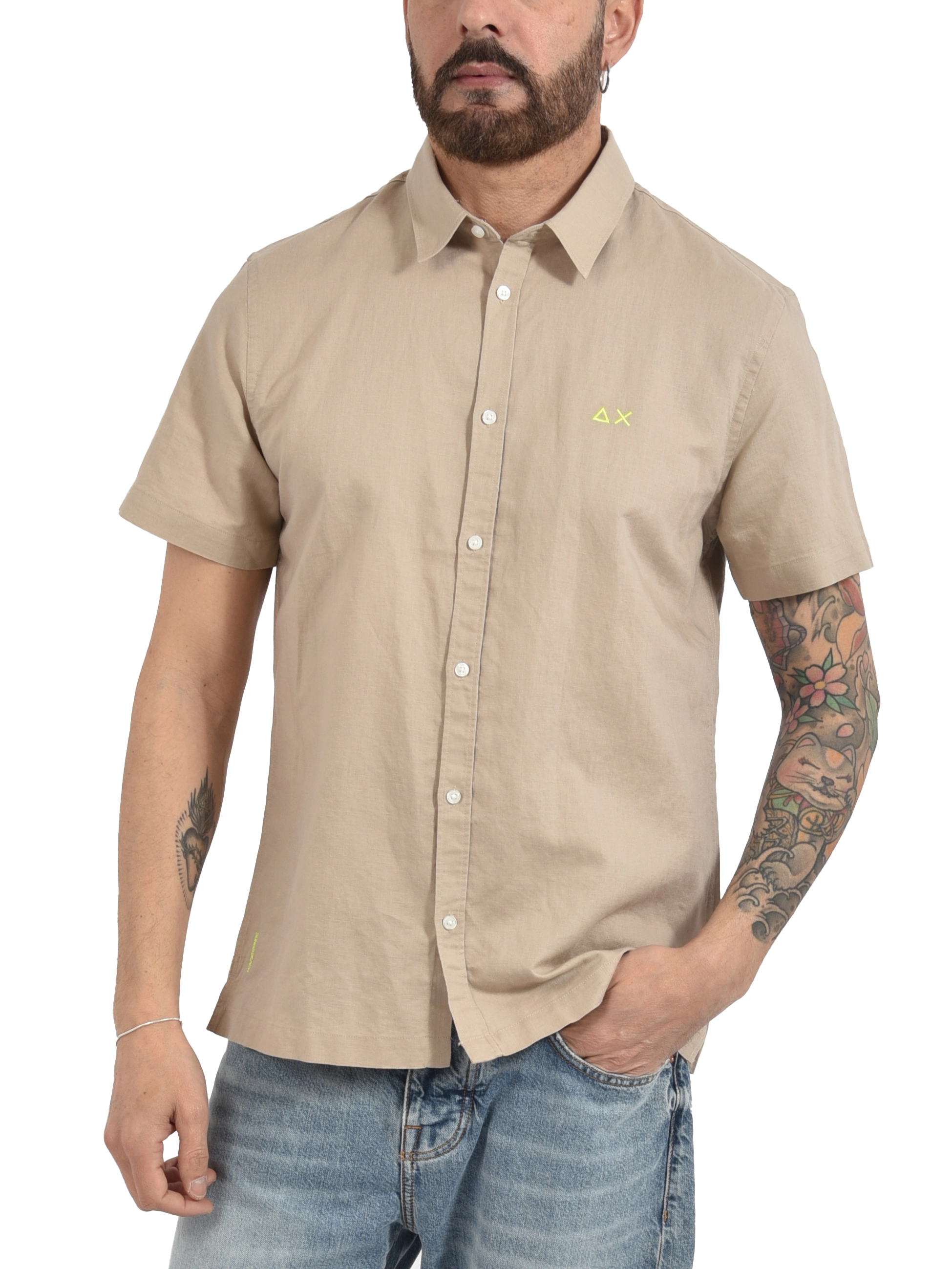 CAMICIA MANICA CORTA IN LINO E COTONE CON LOGO RICAMATO UOMO BEIGE