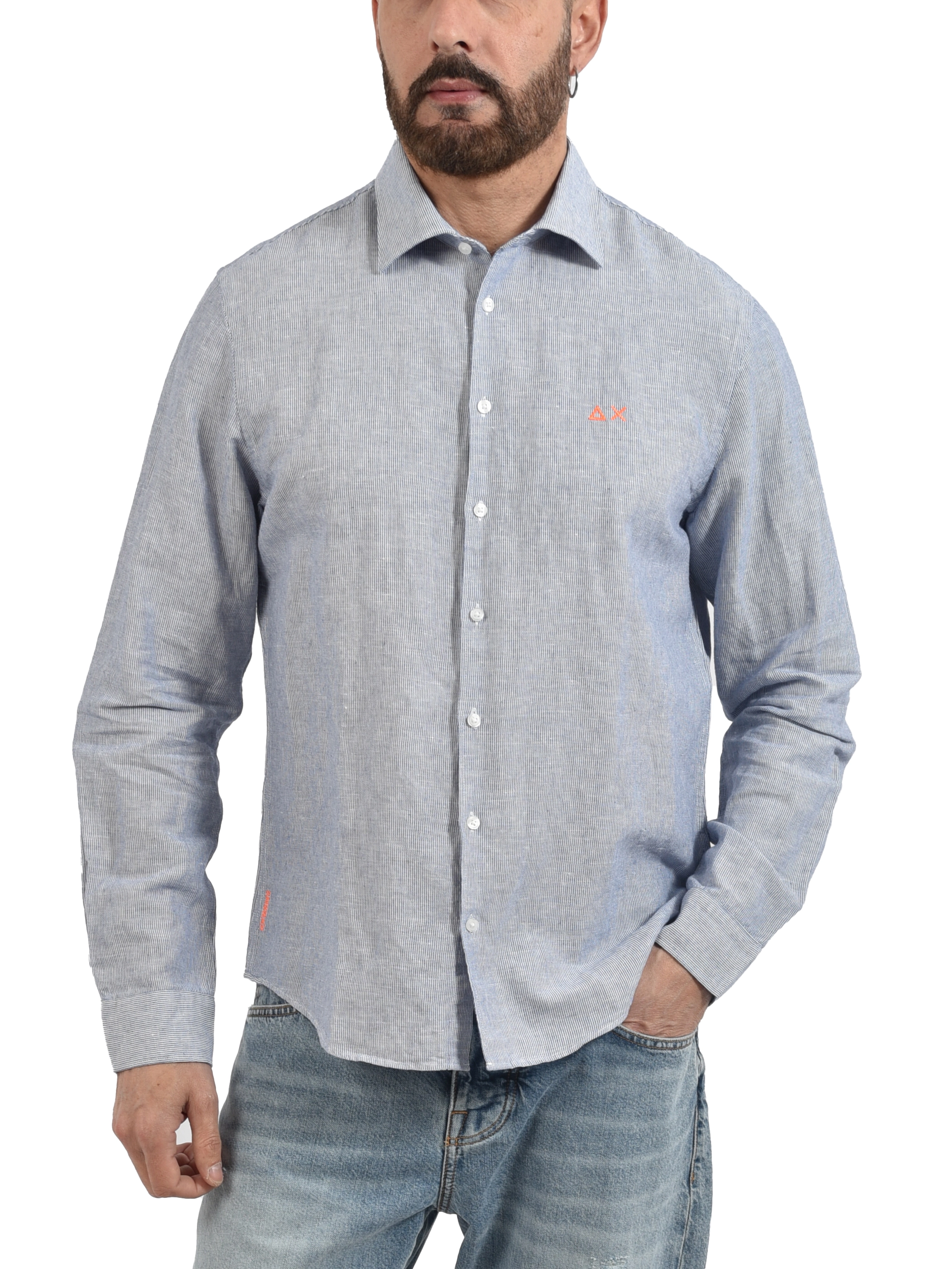 CAMICIA CASUAL IN MISTO COTONE E LINO A RIGHE CON LOGO RICAMATO UOMO BLU