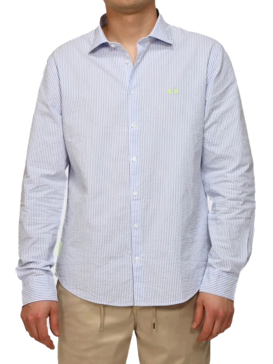 CAMICIA CASUAL IN COTONE CON MOTIVO A RIGHE E LOGO UOMO AZZURRO