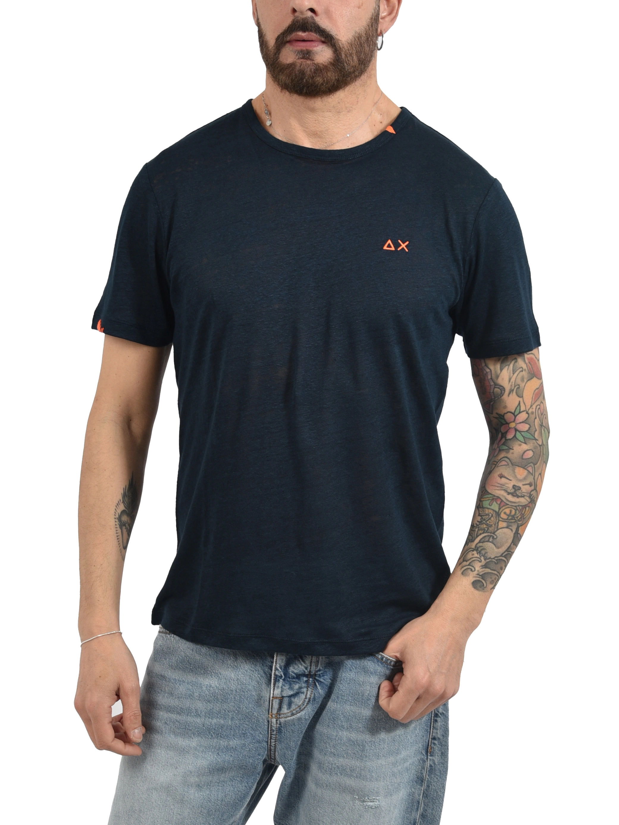 T-SHIRT MANICA CORTA IN LINO COLO LOGO FLUO RICAMATO UOMO BLU