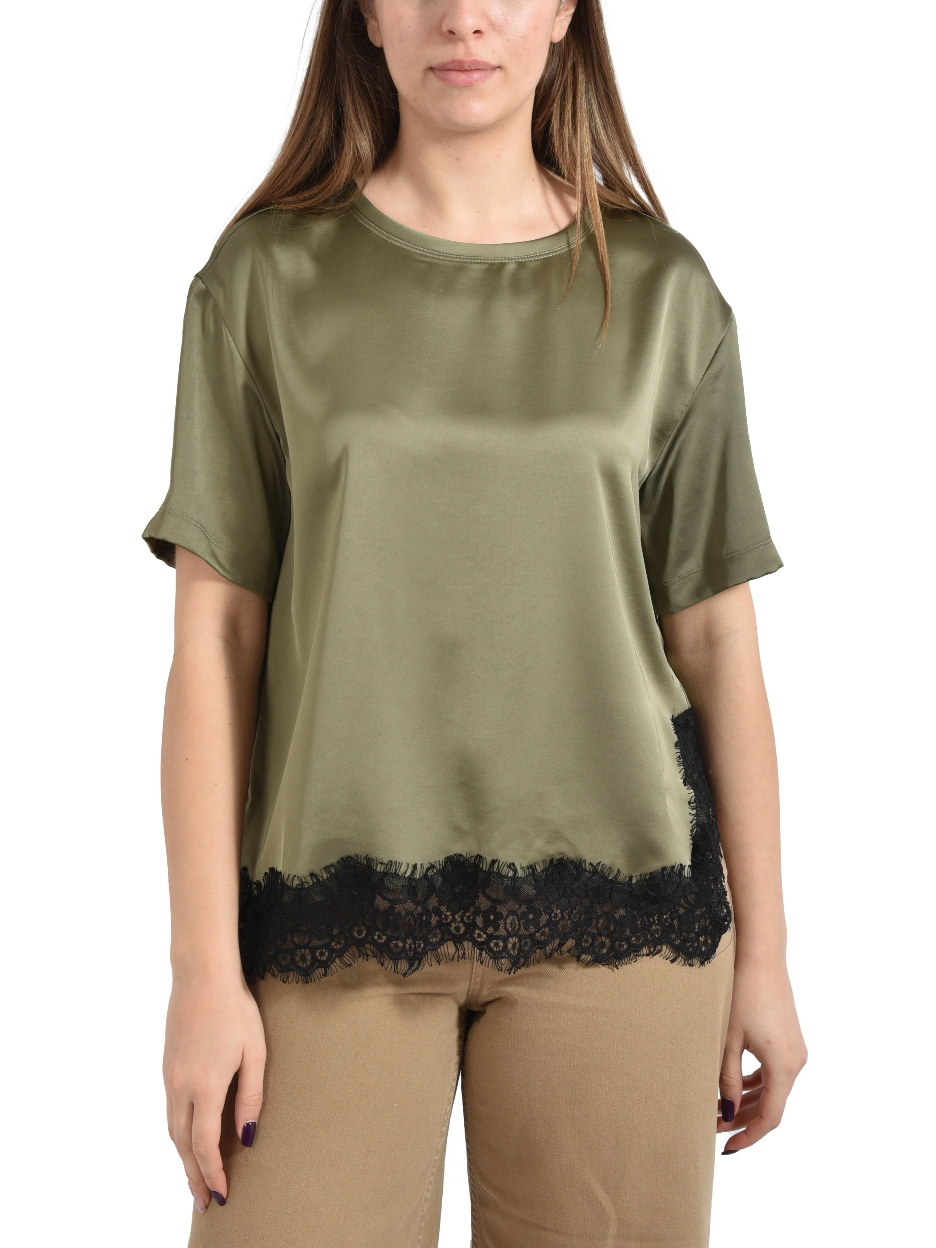 T-SHIRT MANICA CORTA CON DETTAGLI IN PIZZO DONNA MARRONE