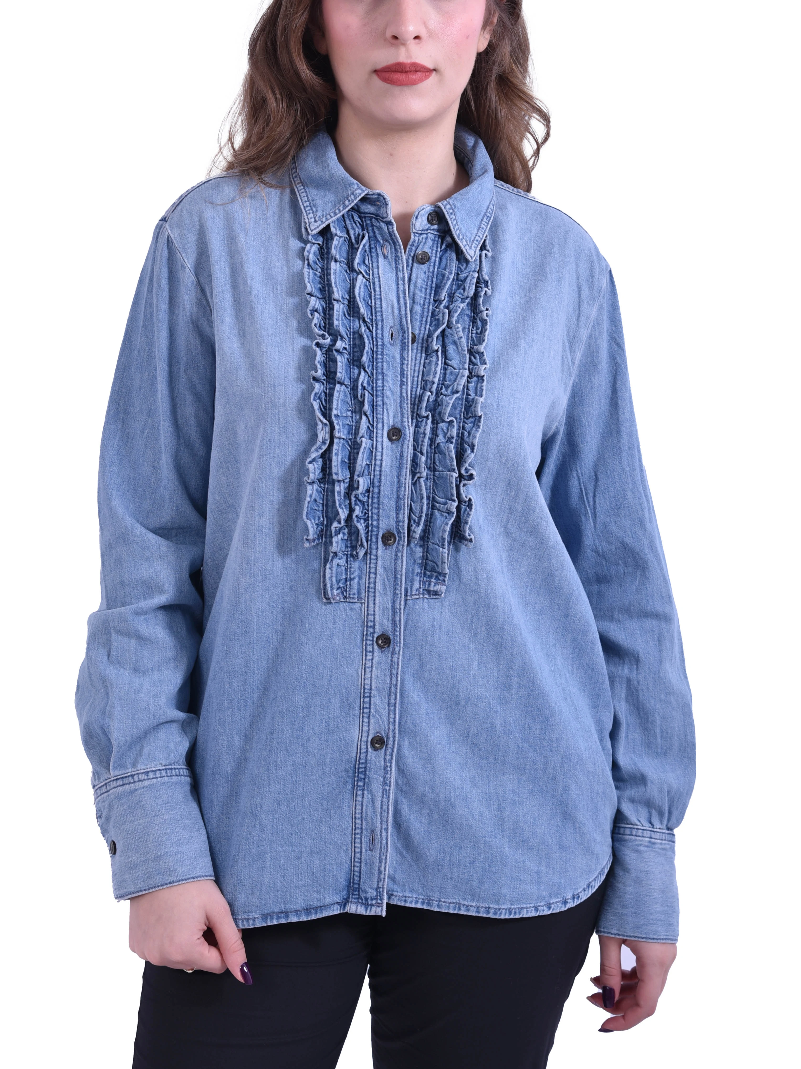 CAMICIA IN DENIM CON ROUCHE E POLSO ALTO DONNA BLU