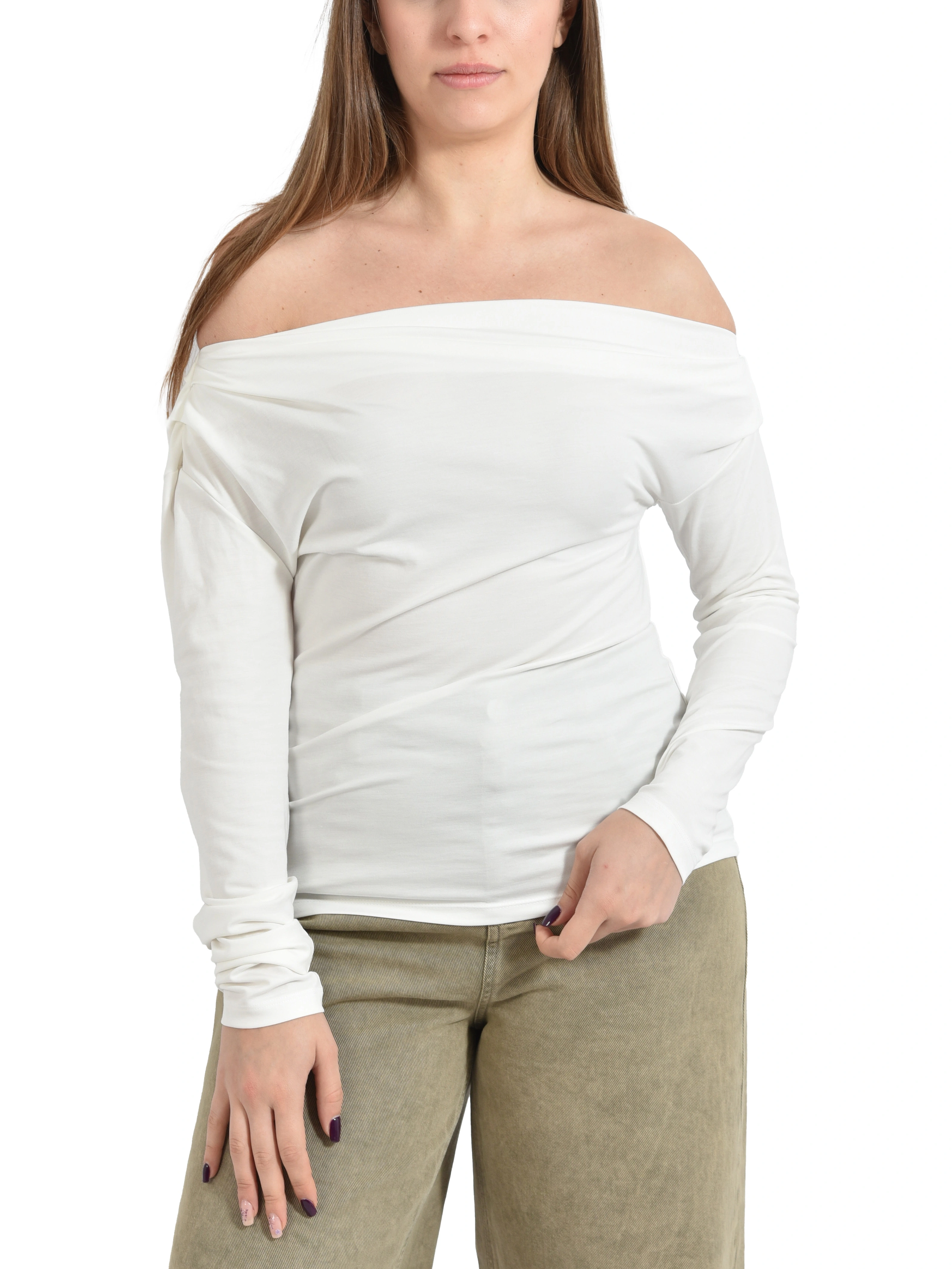T-SHIRT MANICA LUNGA CON SCOLLO ASIMETTRICO DONNA BIANCO