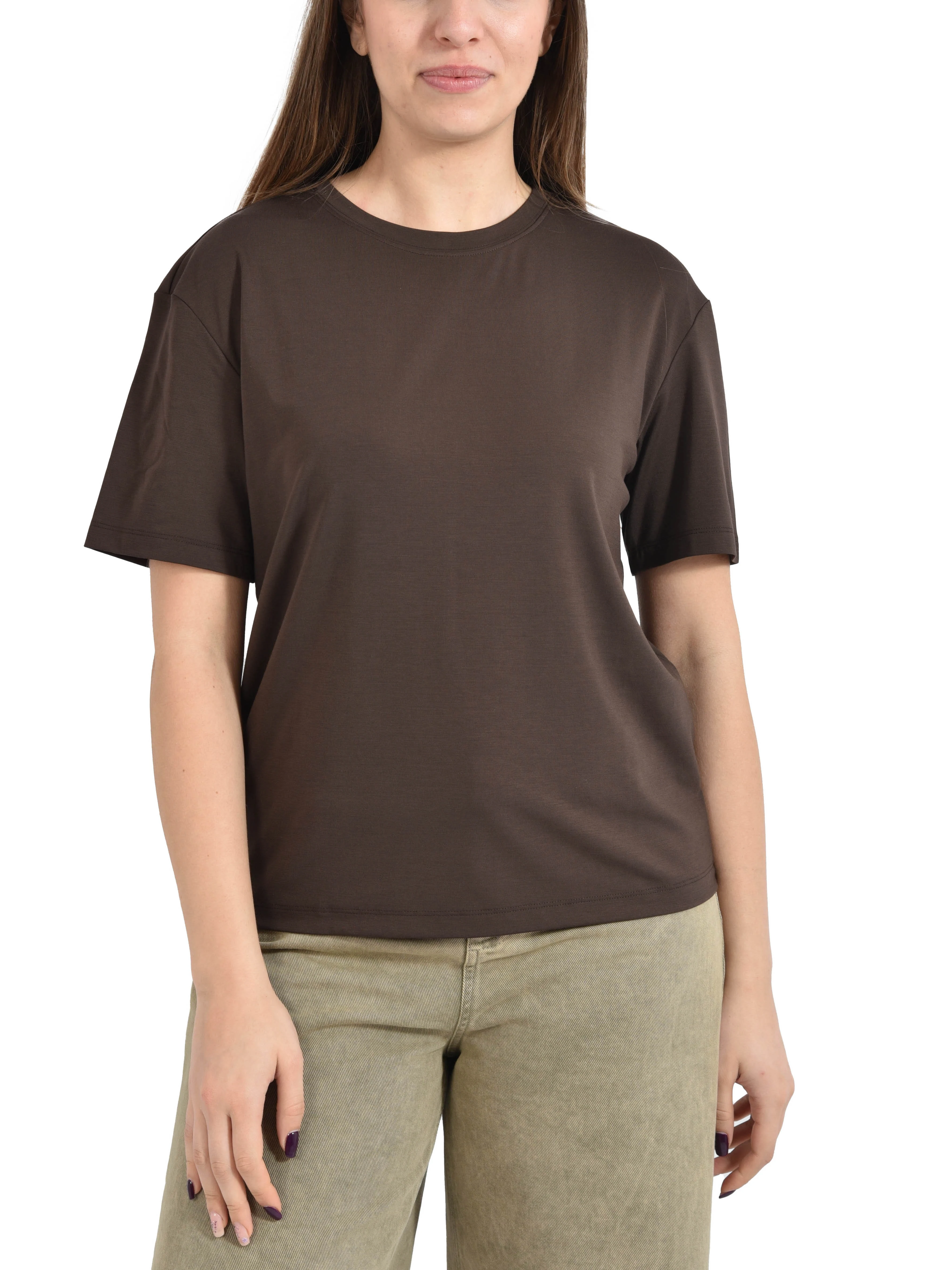 T-SHIRT MANICA CORTA IN MISTO VISCOSA CON IMPUNTURE DONNA MARRONE