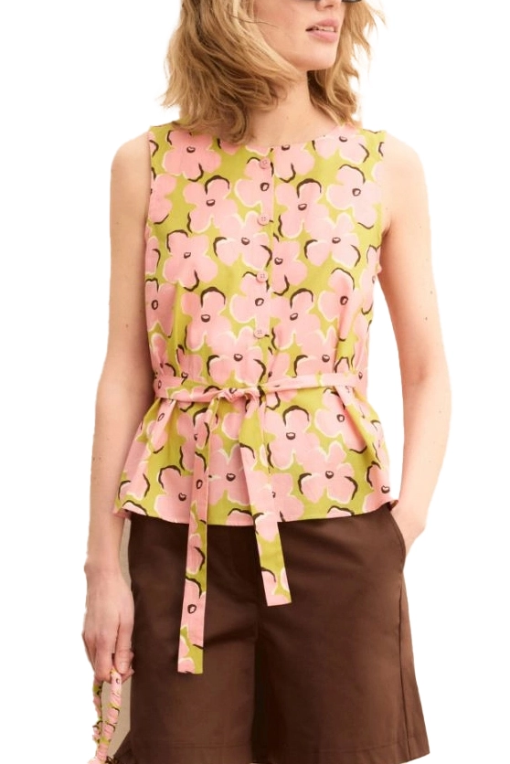 TOP IN MUSSOLA DI COTONE STAMPATA CON BOTTONI A VISTA DONNA VERDE