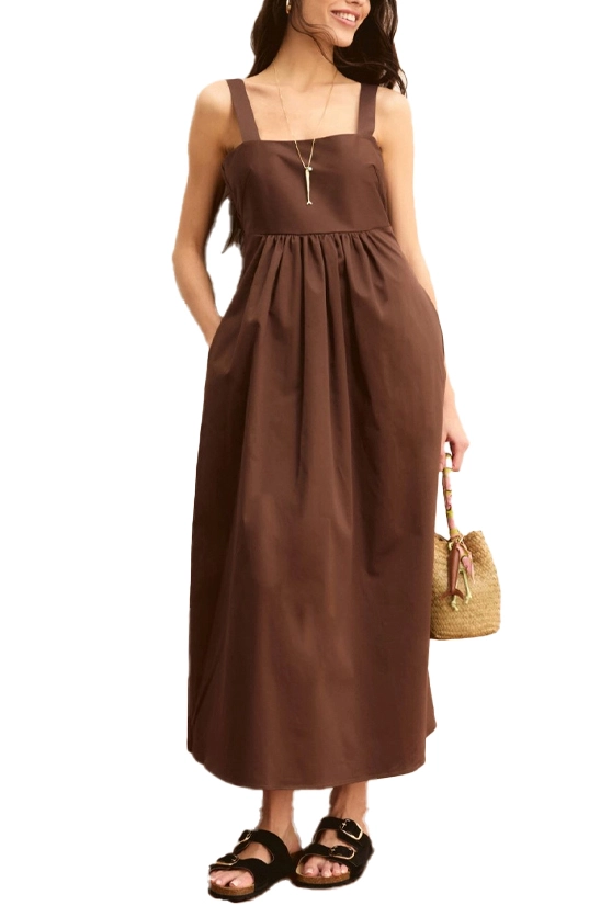 VESTITO LUNGO IN RASO DI COTONE CON SPALLINE LARGHE DONNA MARRONE