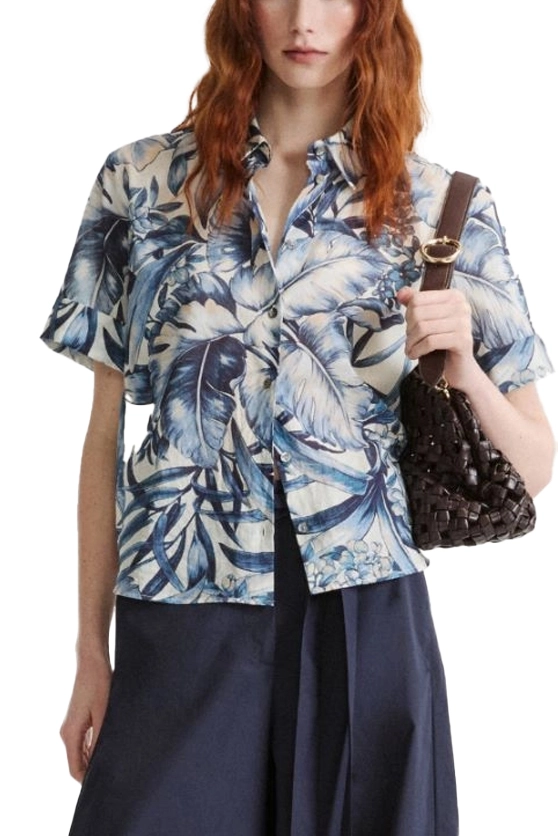 CAMICIA IN PURO COTONE CON MAXI FOLIAGE ALL OVER DONNA AZZURRO