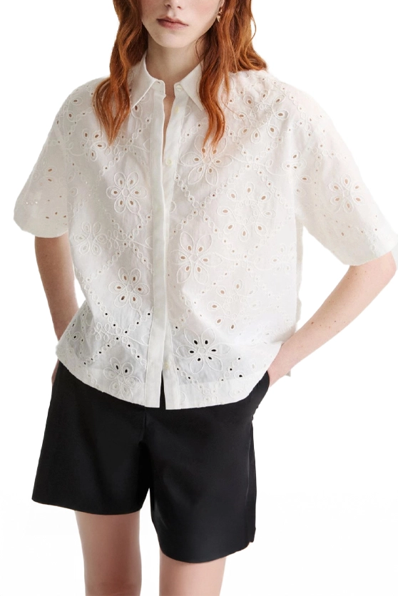 CAMICIA MANICA CORTA CON RICAMO EFFETTO SANGALLO DONNA BIANCO