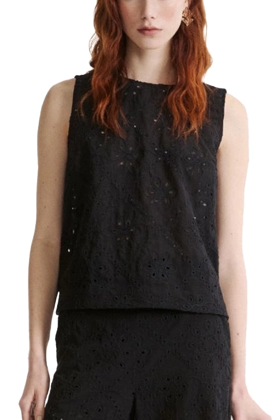 TOP IN MUSSOLA DI COTONE CON RICAMO EFFETTO SANGALLO DONNA NERO