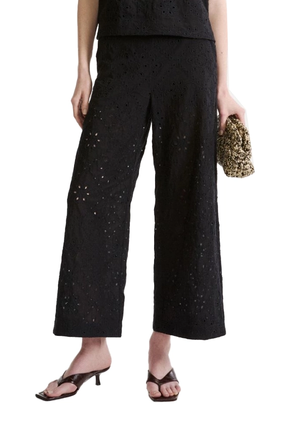 PANTALONE PALAZZO IN MUSSOLA DI COTONE EFFETTO SANGALLO DONNA NERO