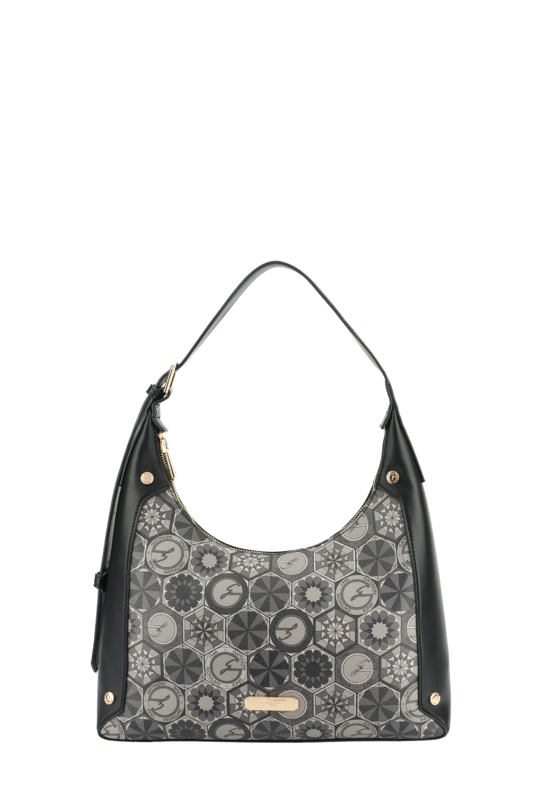 BORSA A SPALLA HOBO CON STAMPA GEOMETRICA E DETTAGLI NERI DONNA GRIGIO