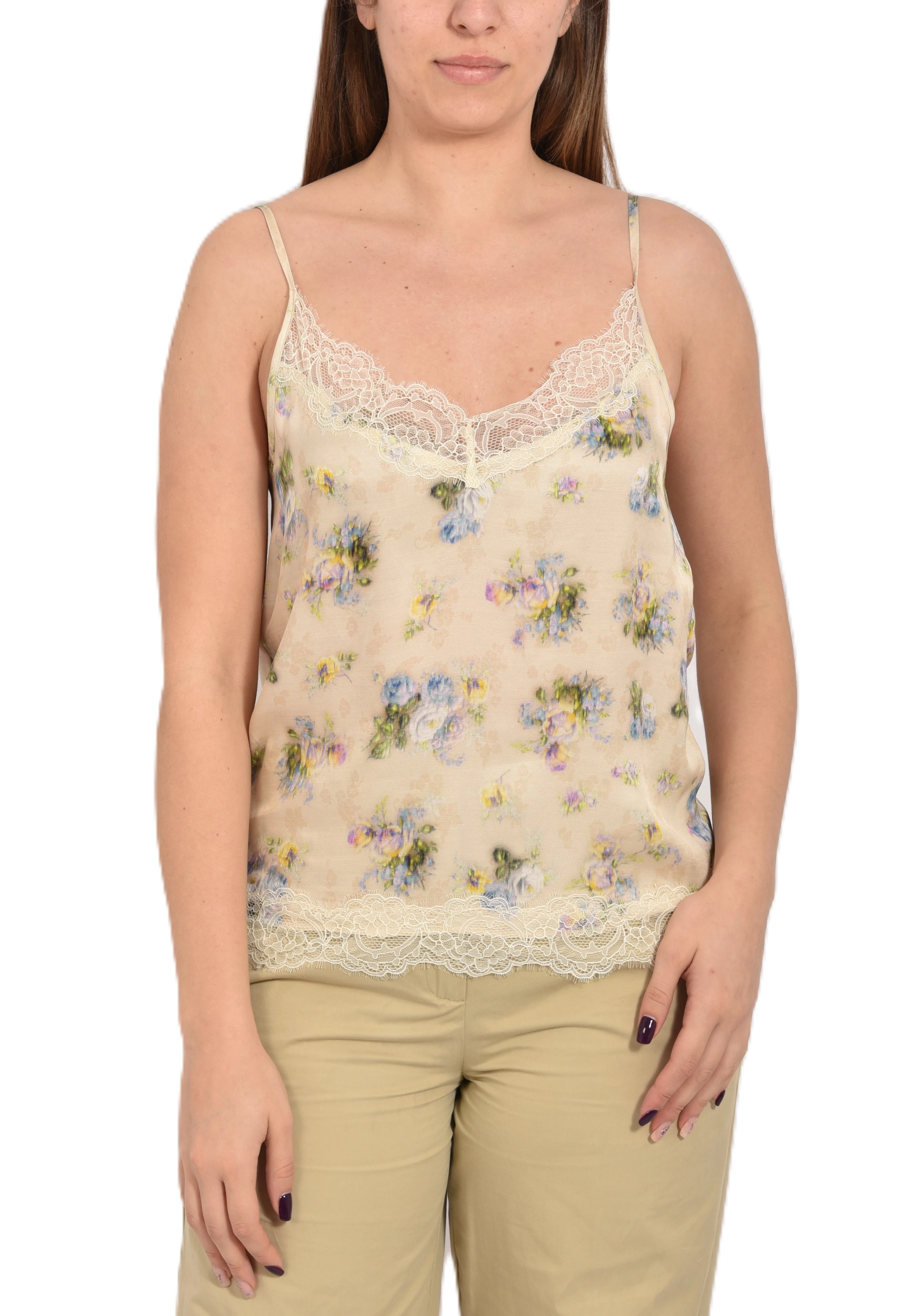 TOP  IN TWILL DI VISCOSA CON DETTAGLI IN PIZZO DONNA AVORIO