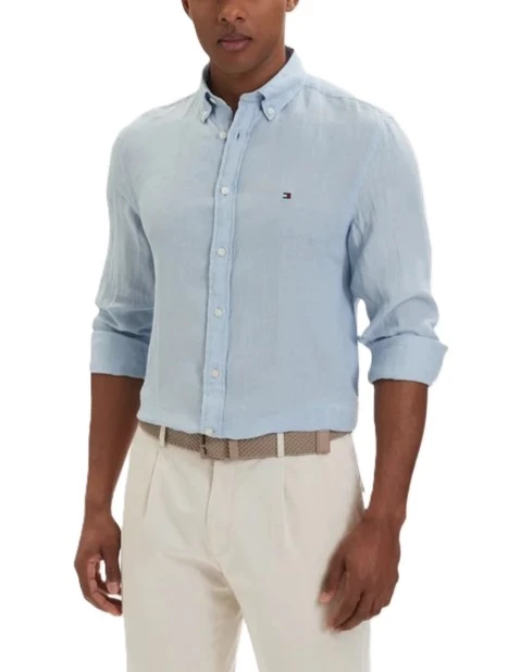 CAMICIA CASUAL IN PURO LINO CON DETTAGLIO RICAMATO UOMO AZZURRO