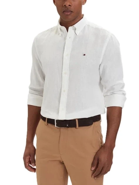 CAMICIA CASUAL IN PURO LINO CON DETTAGLIO RICAMATO UOMO BIANCO