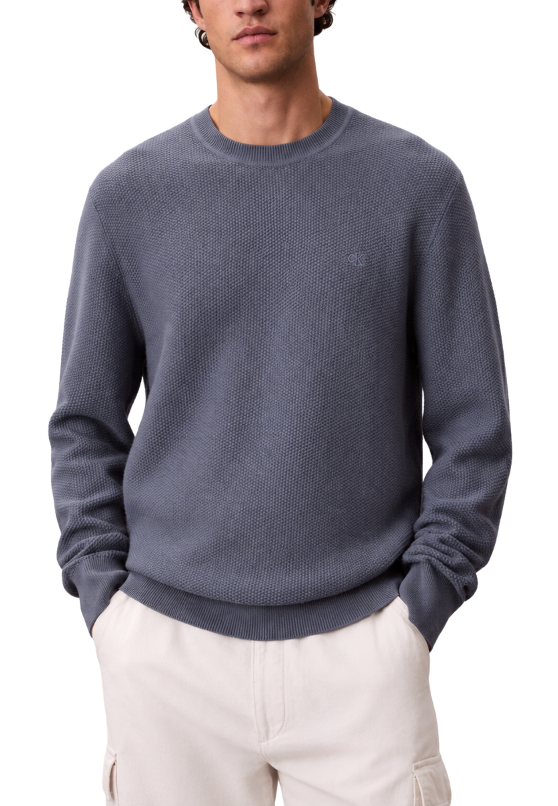MAGLIA GIROCOLLO IN COTONE TRAMATO UOMO BLU