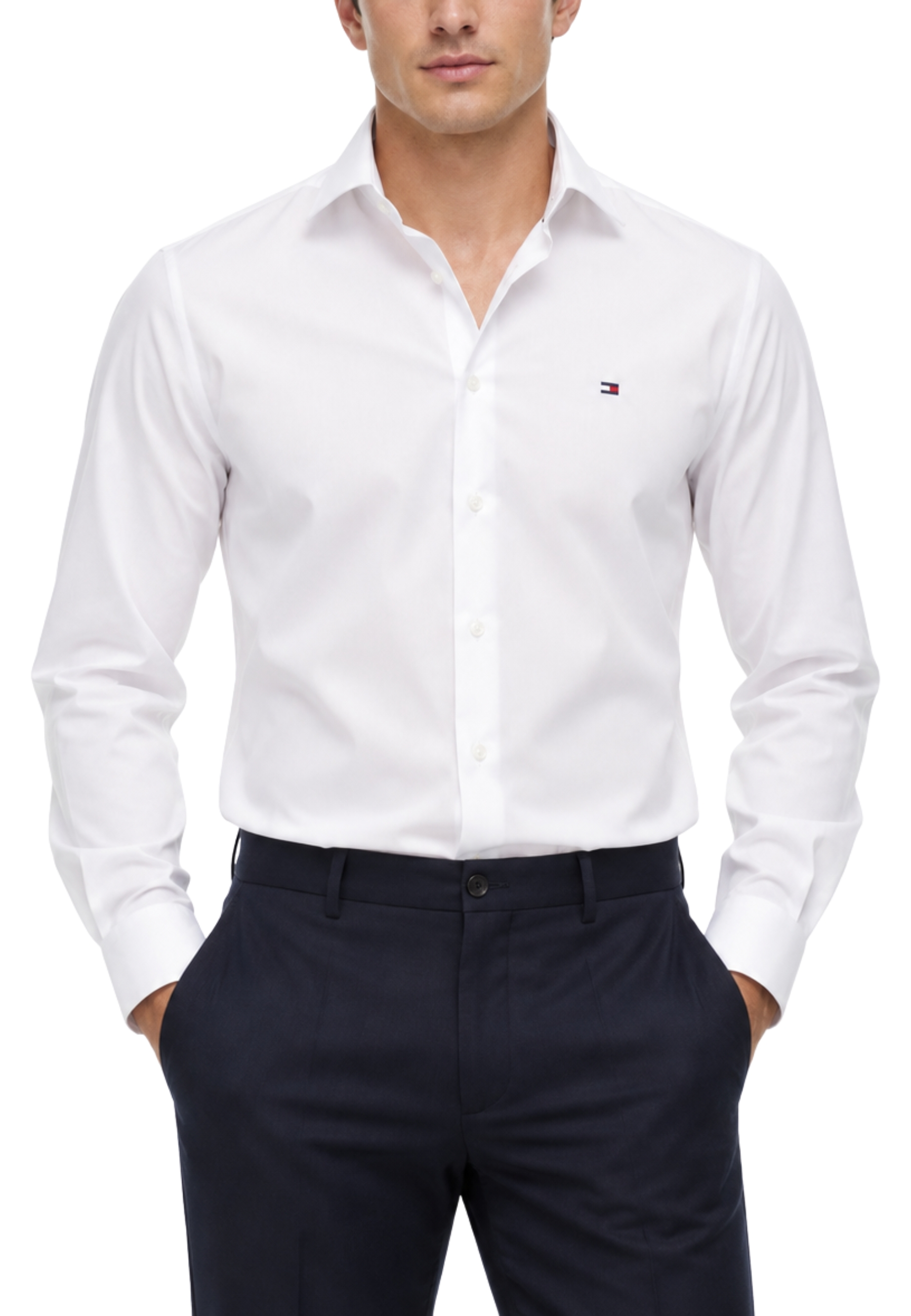 CAMICIA ELEGANTE CON BANDIERINA RICAMATA UOMO BIANCO