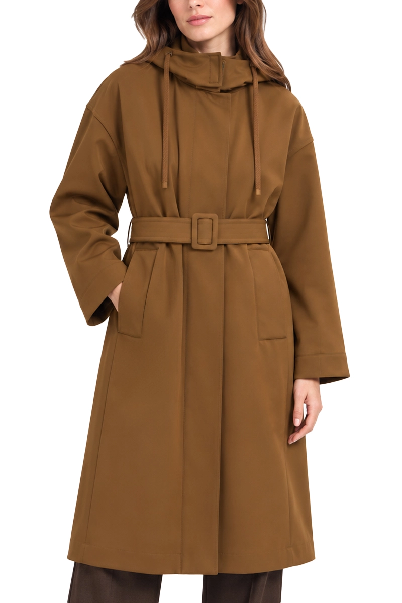 TRENCH MIDI IN TESSUTO TECNICO ANTIGOCCIA CON CAPPUCCIO DONNA MARRONE