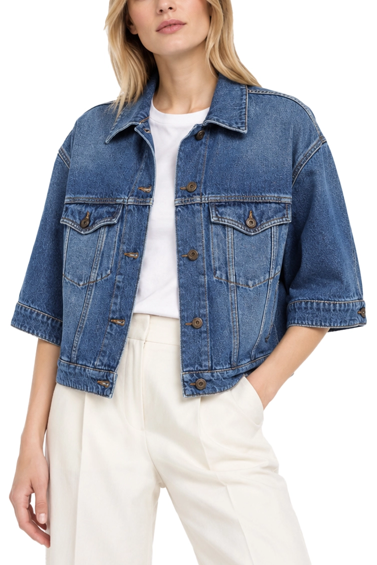 GIACCA CORTA CROP IN DENIM CON CUCITURE A CONTRASTO DONNA BLU