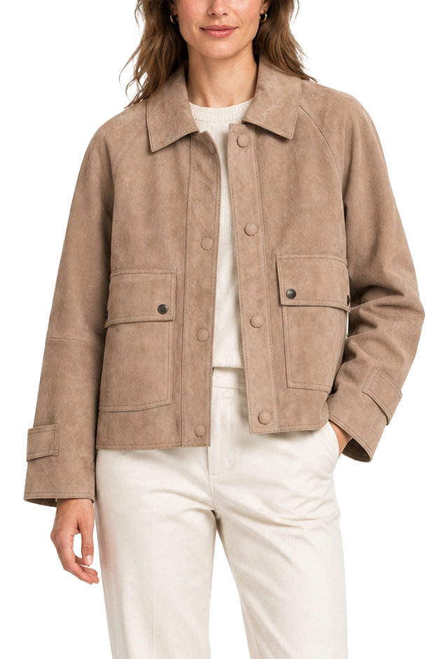 GIACCA IN PELLE SCAMOSCIATA CON TASCHE APPLICATE DONNA BEIGE