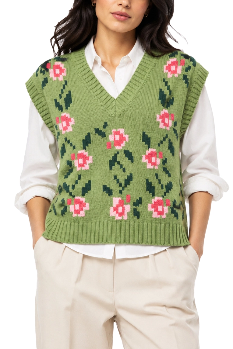 GILET IN MISTO COTONE CON MOTIVO INTARSIATO DONNA VERDE