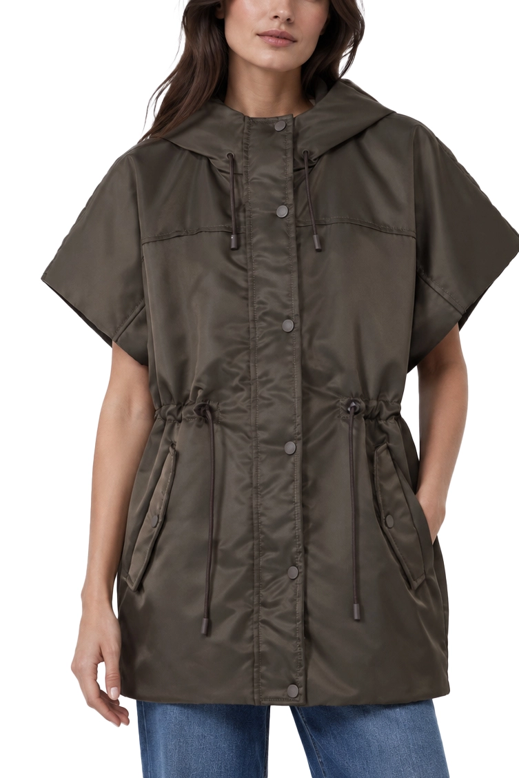 GILET OVERSIZE CON RETRO TRAPUNTATO E CAPPUCCIO DONNA MARRONE
