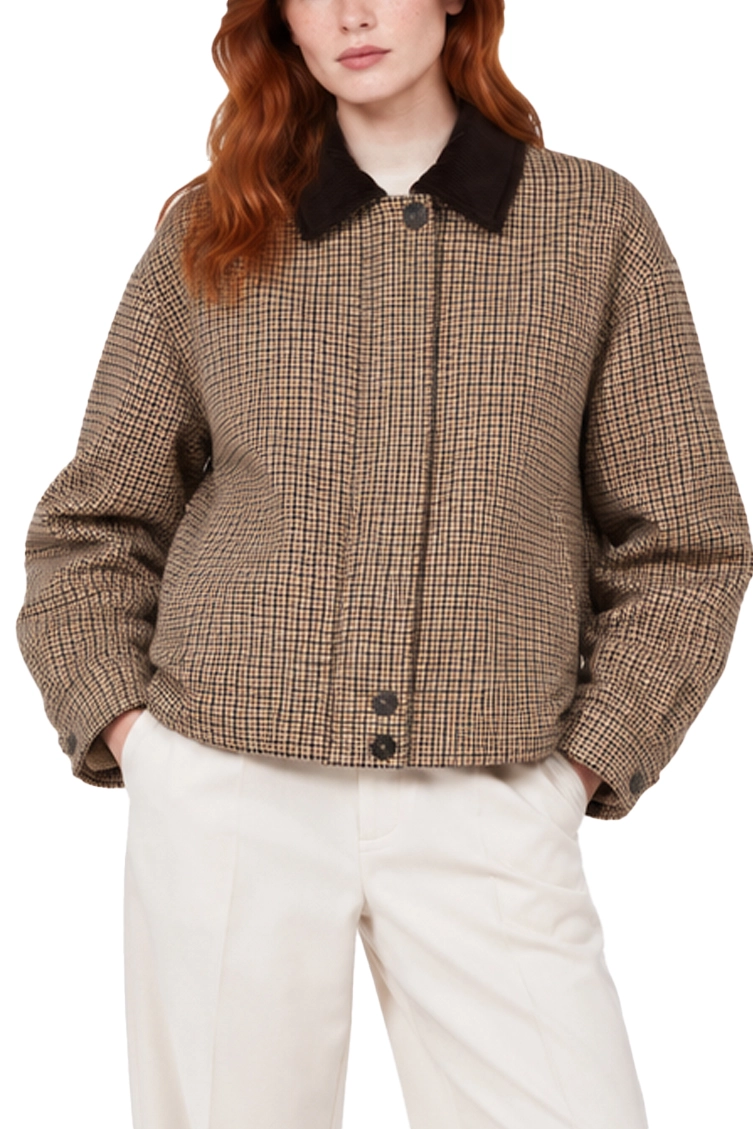 GIACCA CORTA MODELLO BOMBER PIED DE POULE IN PURA LANA DONNA MARRONE