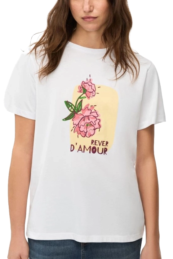 T-SHIRT MANICA CORTA CON STAMPA FRONTALE E DECORAZIONI RICAMATE DONNA BIANCO