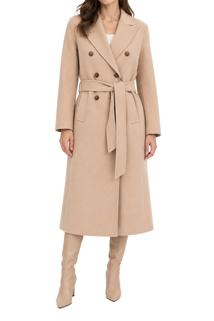 CAPPOTTO LUNGO DOPPIOPETTO IN PURA LANA CON CINTURA DONNA MARRONE