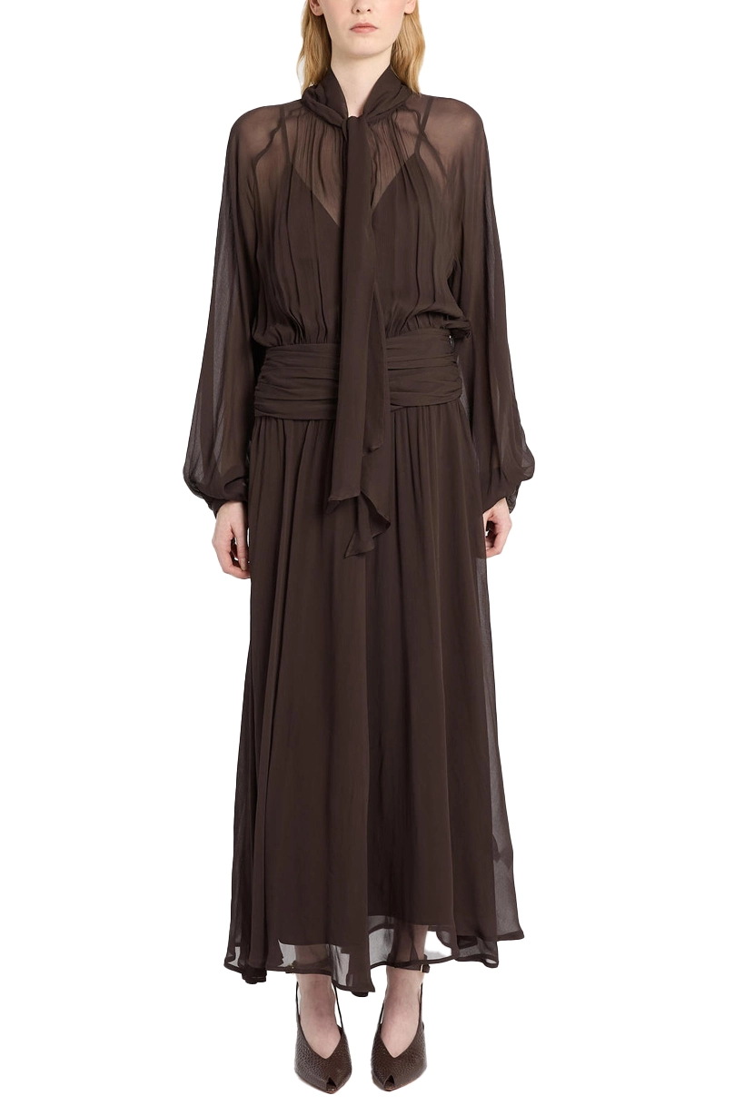 VESTITO LUNGO IN CREPONNE CON BASCHINA DRAPPEGGIATA DONNA MARRONE