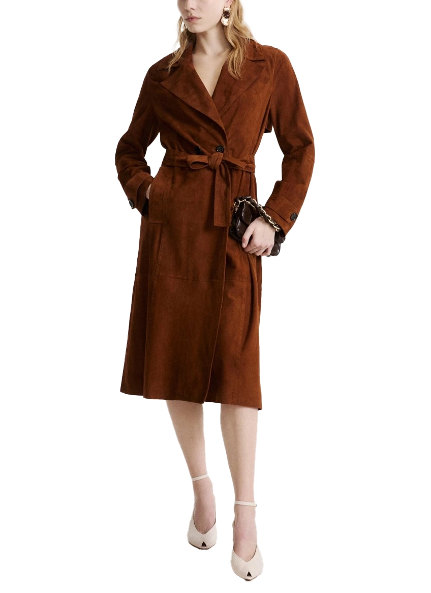 GIACCA TRENCH DOPPIOPETTO IN PELLE CON CINTURA DONNA MARRONE