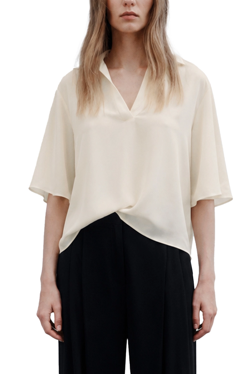 BLUSA CON COLLO A POLO IN SATIN FLUIDO DONNA BIANCO