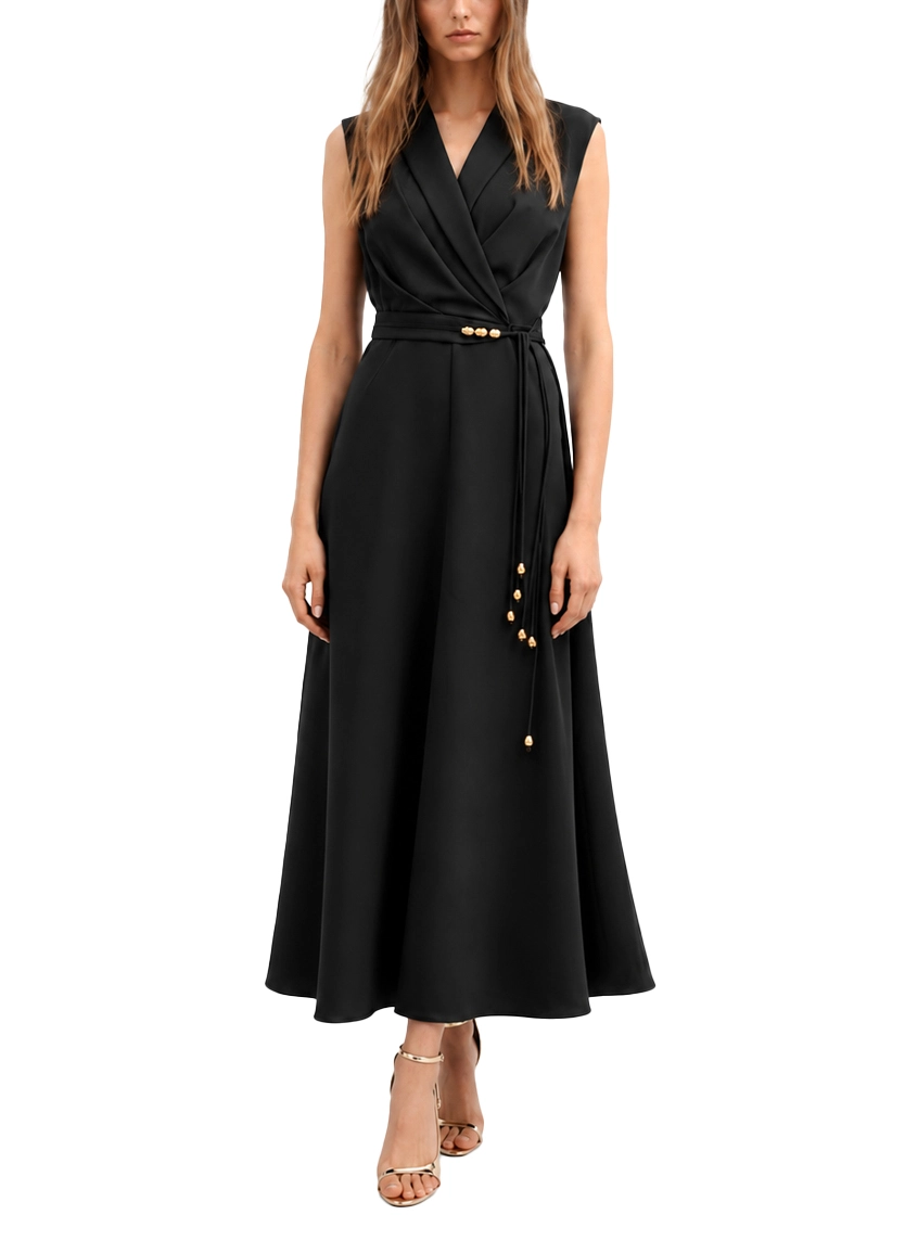 VESTITO LUNGO IN CRÊPE ENVERS SATIN CON CINTURA GIOIELLO DONNA NERO