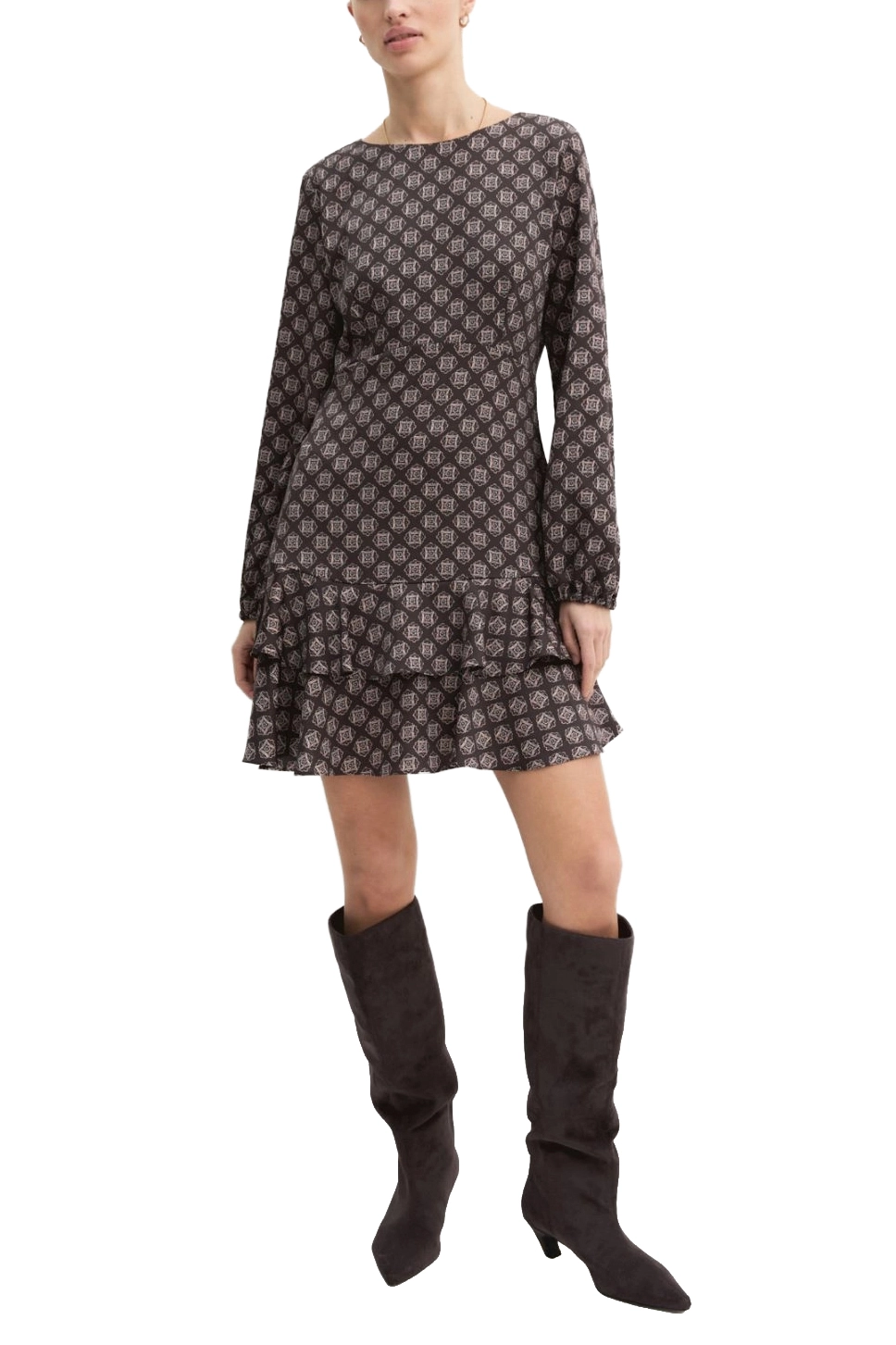 VESTITO CORTO CON PINCE E MANICHE A PALLONCINO DONNA MARRONE
