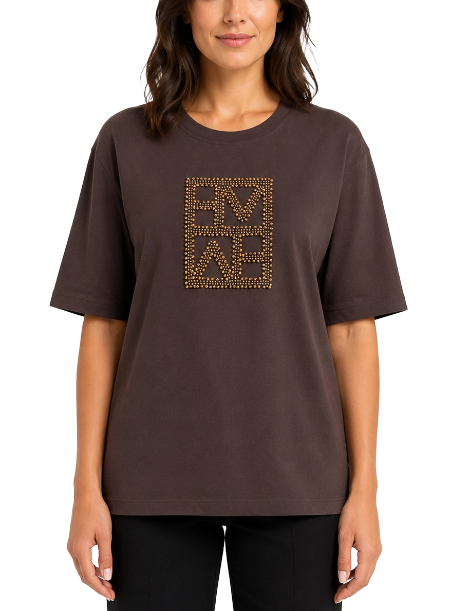T-SHIRT MANICA CORTA IN COTONE CON LOGO FRONTALE RICAMATO DONNA MARRONE