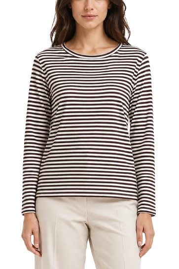 T-SHIRT MANICA TRE QUARTI IN JERSEY DI VISCOSA STRETCH E SCOLLO STONDATO A RIGHE DONNA MARRONE