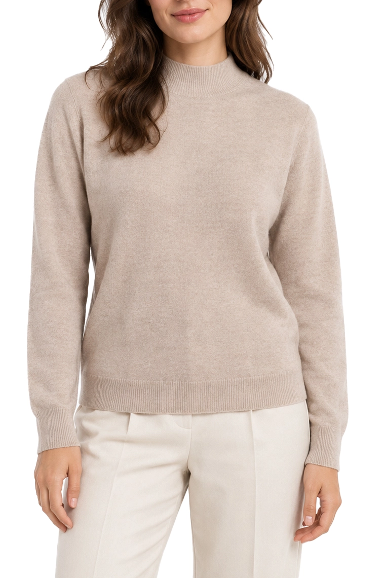 MAGLIA DOLCEVITA IN FILATO DI LANA CASHMERE SENZA CUCITURA CON BORDI A COSTINE DONNA BEIGE