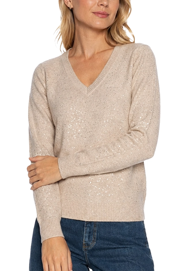 MAGLIA SCOLLO A V IN MISTO LANA CON LUREX E PAILLETTES DONNA AVORIO