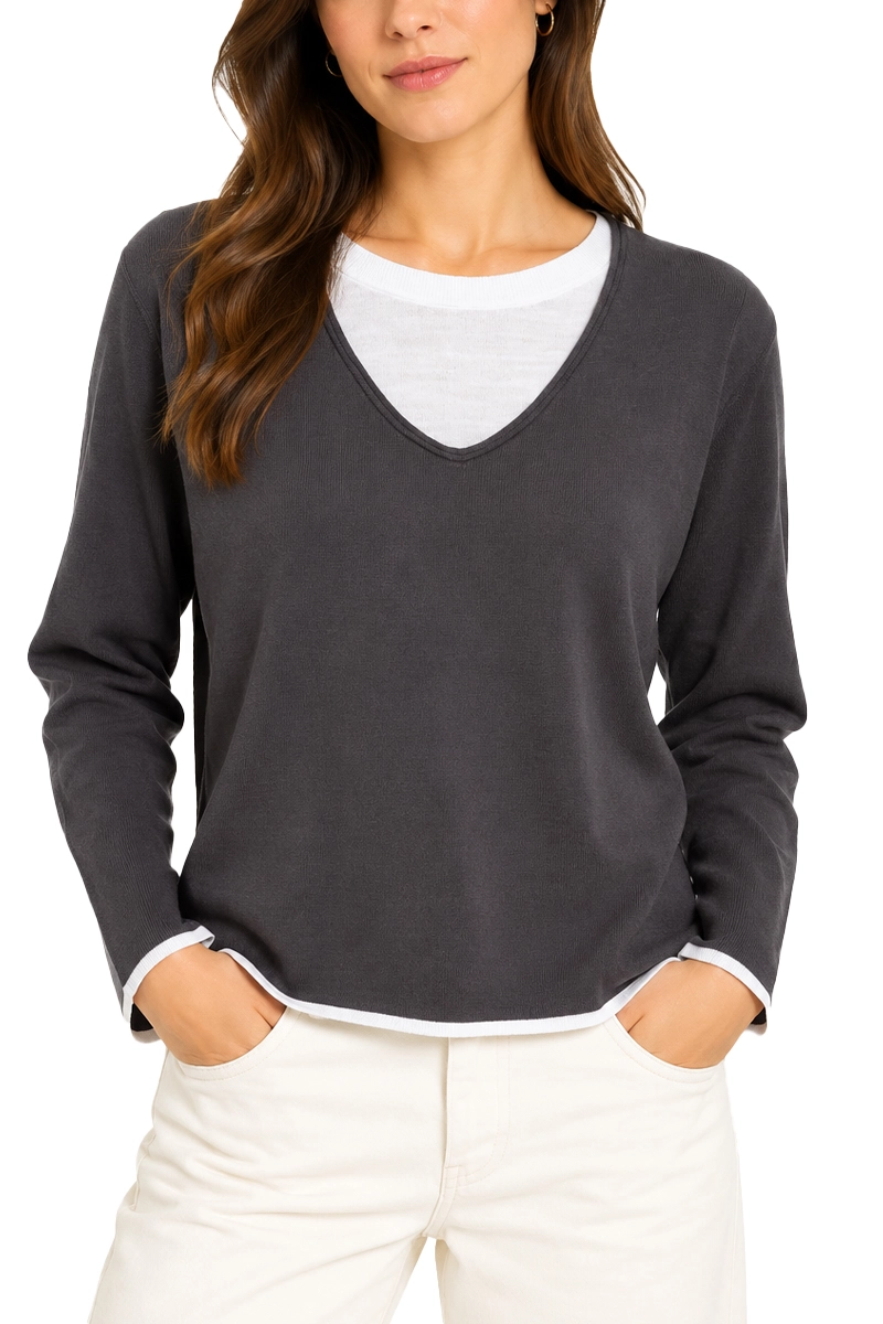 MAGLIA CON SCOLLO A V IN PURA LANA CON DETTAGLIO A CONTRASTO DONNA MARRONE